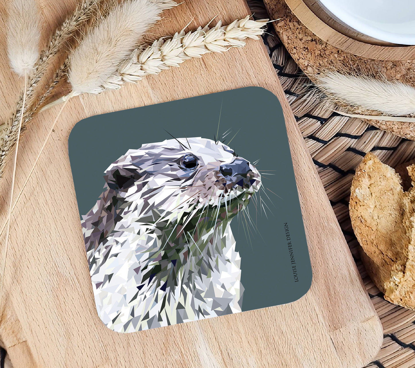 Otter drinks coaster | Geometric illustration | British wildlife