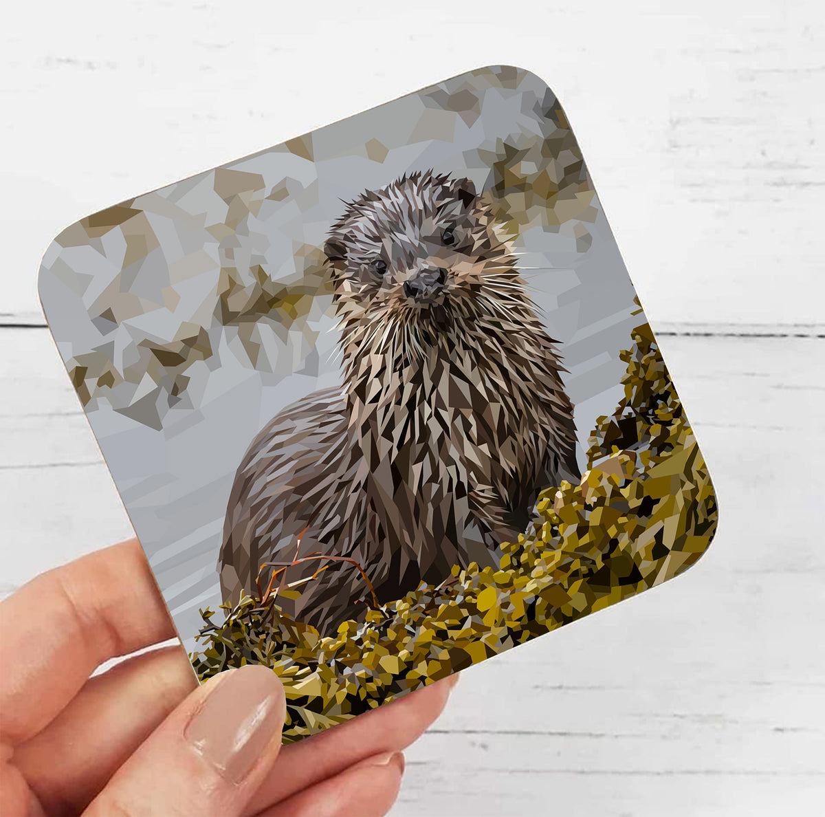 Otter drinks coaster | Geometric illustration | British wildlife