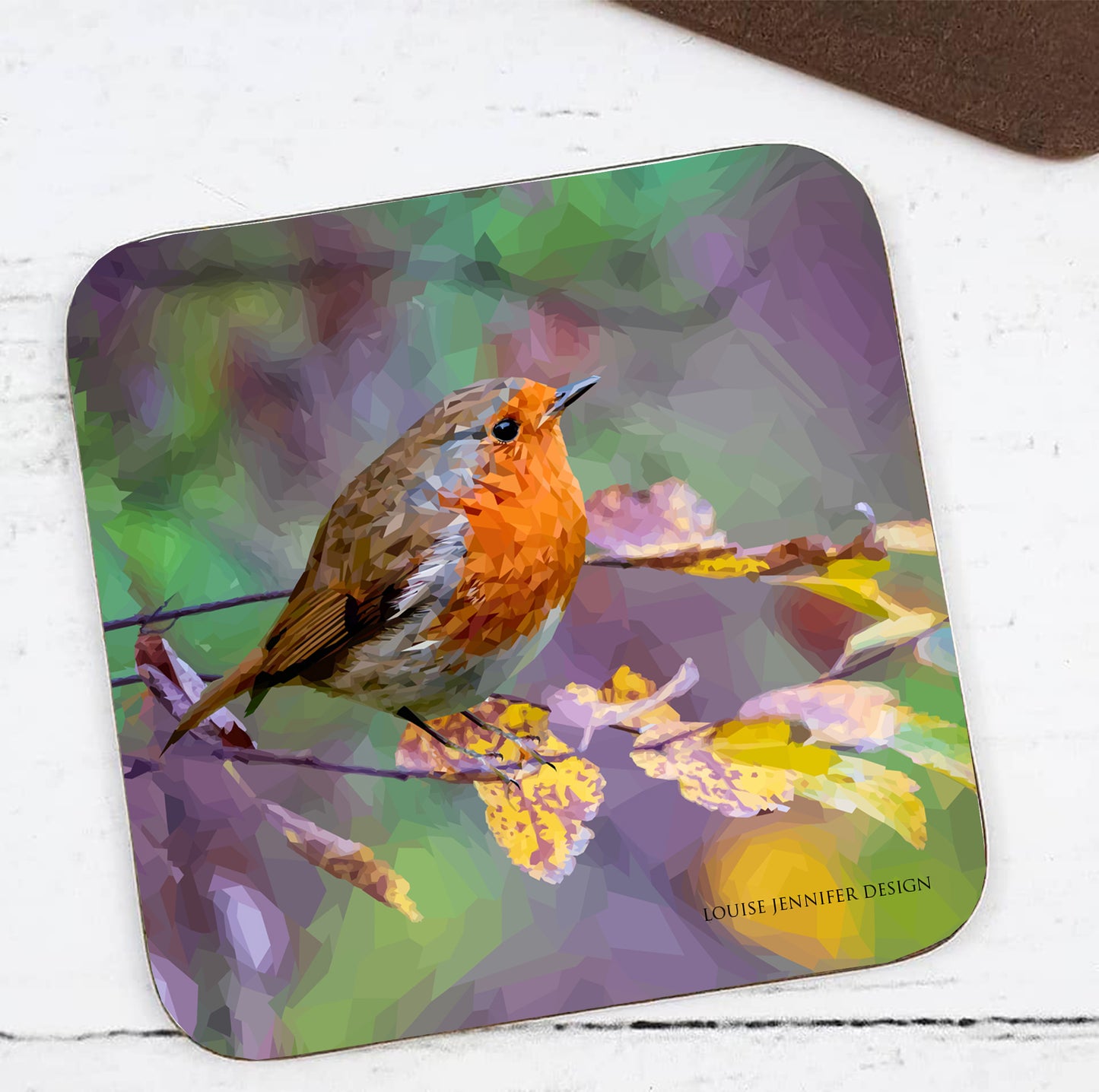Robin redbreast bird illustration | Hardwood drinks coaster