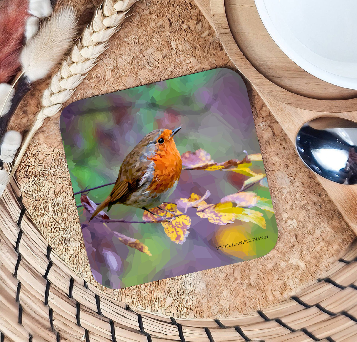 Robin redbreast bird illustration | Hardwood drinks coaster
