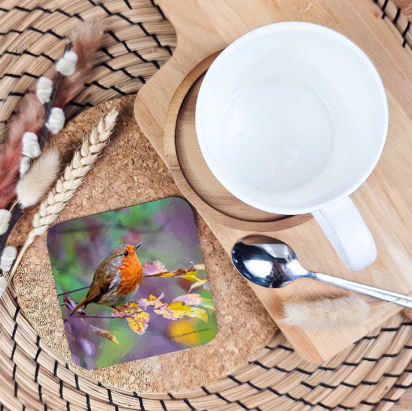 Robin redbreast bird illustration | Hardwood drinks coaster