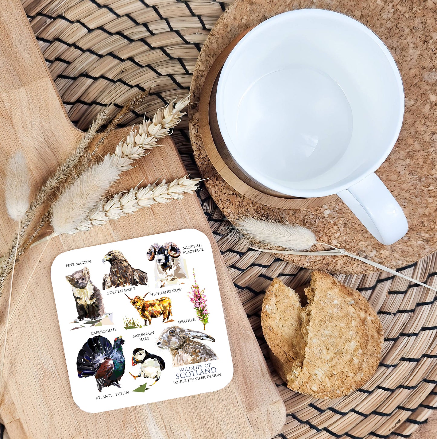 Wildlife of Scotland drinks coaster | Geometric illustration | Scottish highlands