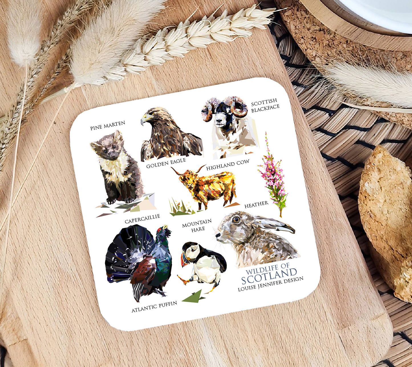 Wildlife of Scotland drinks coaster | Geometric illustration | Scottish highlands