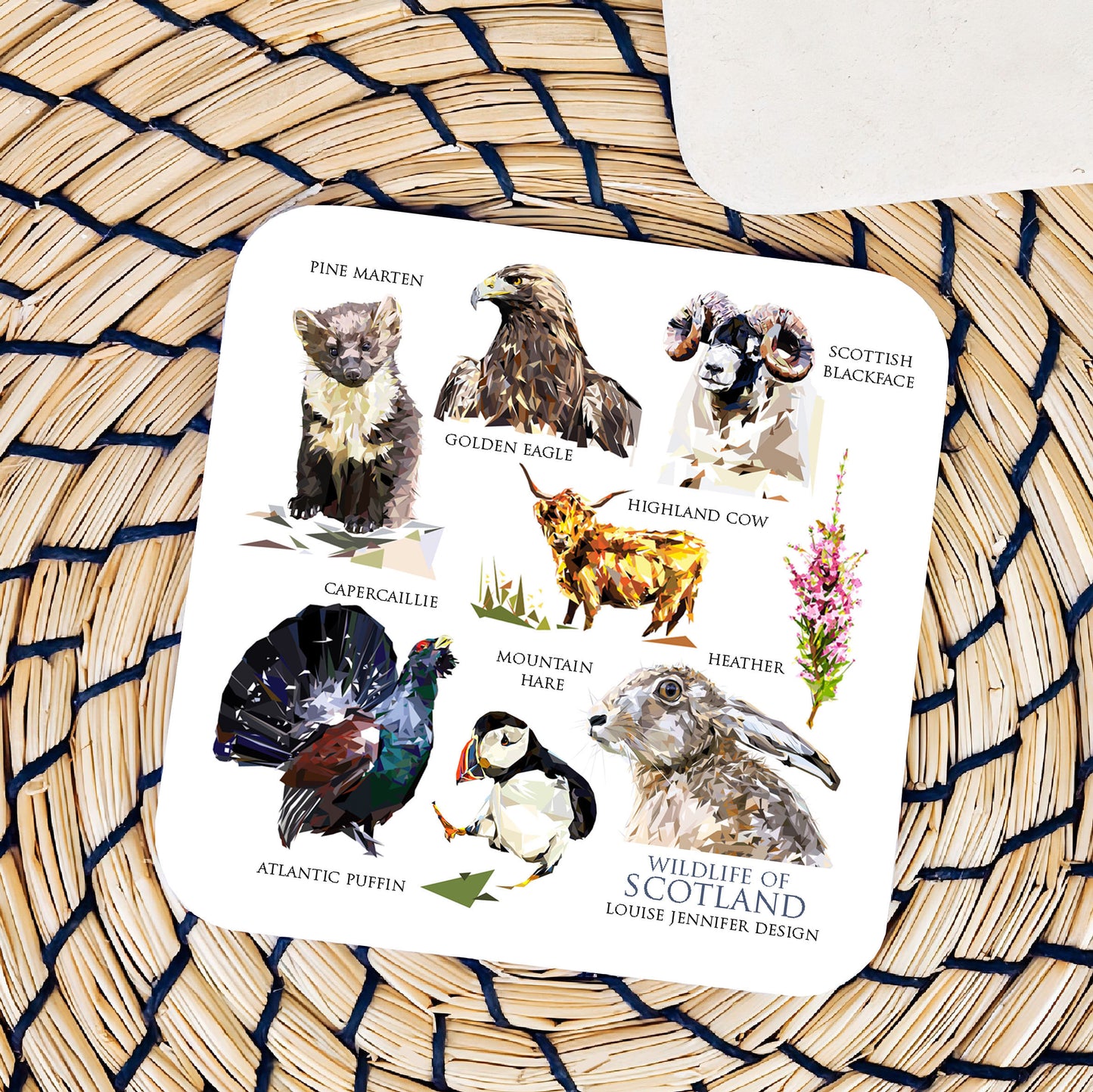 Wildlife of Scotland drinks coaster | Geometric illustration | Scottish highlands