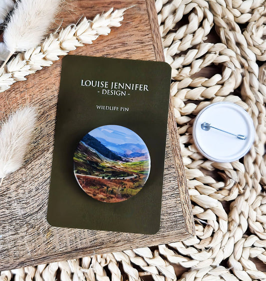 Scottish landscape illustration | Mini pin badge | Glen Docherty