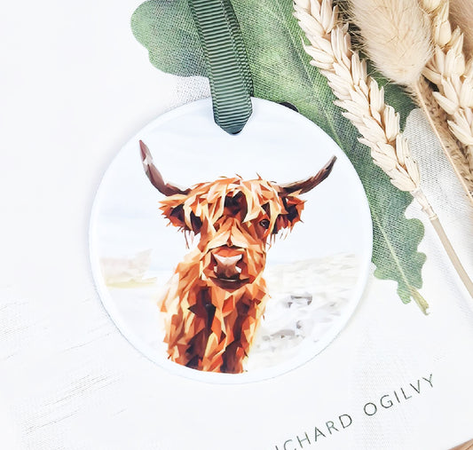 HIGHLAND COW illustration | Hanging ceramic decoration | Scottish