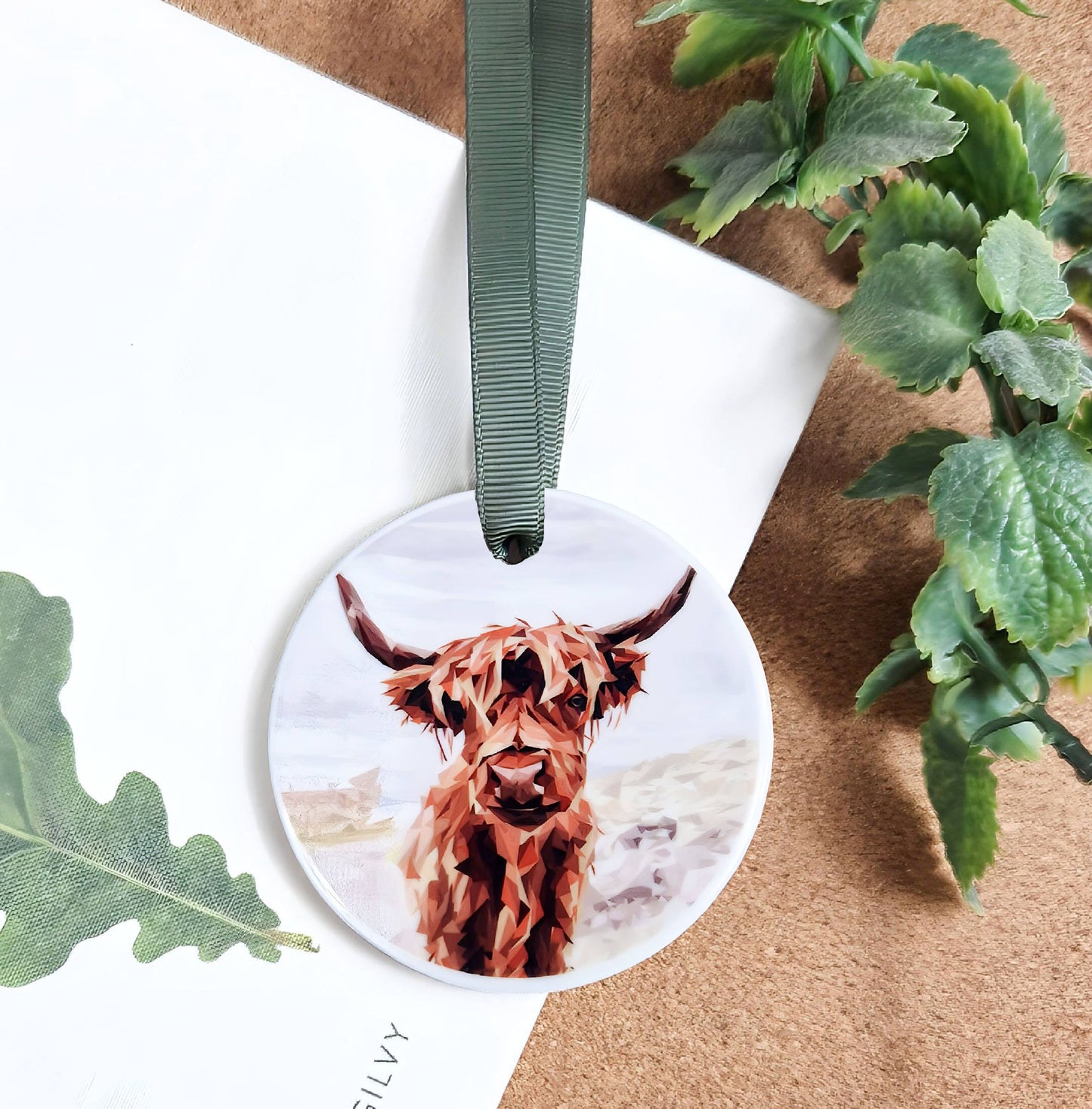 Highland cow illustration | Hanging ceramic decoration | Scottish wildlife