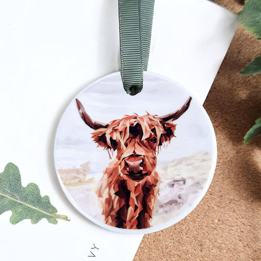 Highland cow illustration | Hanging ceramic decoration | Scottish wildlife
