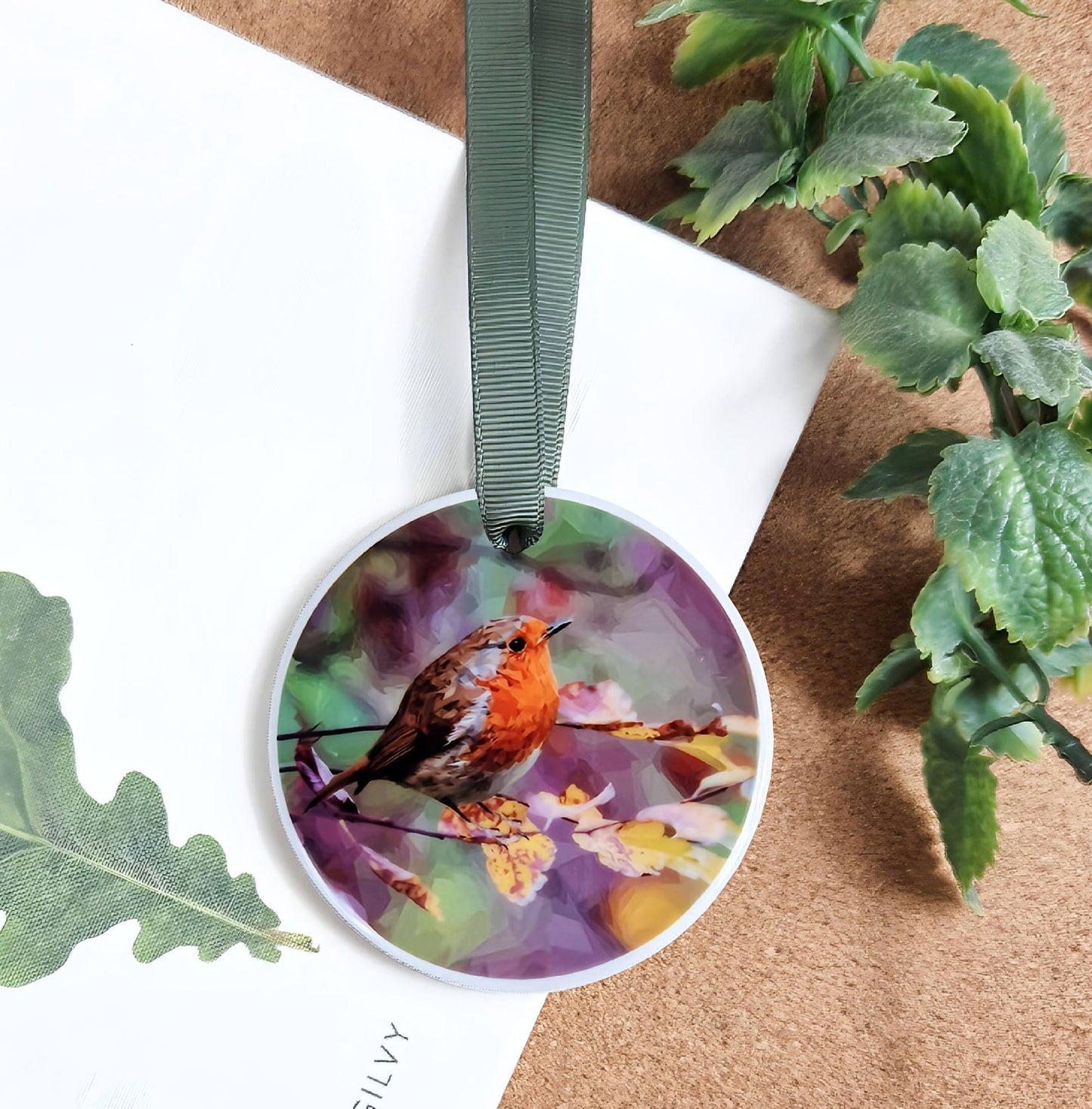 Robin redbreast bird illustration | Hanging ceramic decoration | Garden birds