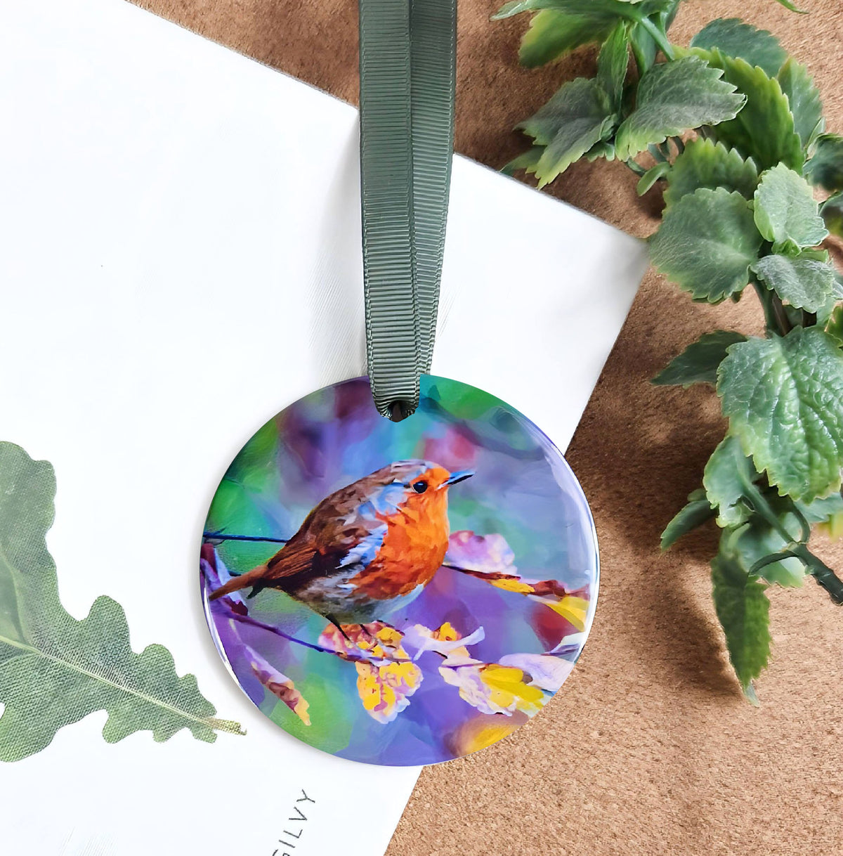 Robin redbreast bird illustration | Hanging ceramic decoration | Garden birds