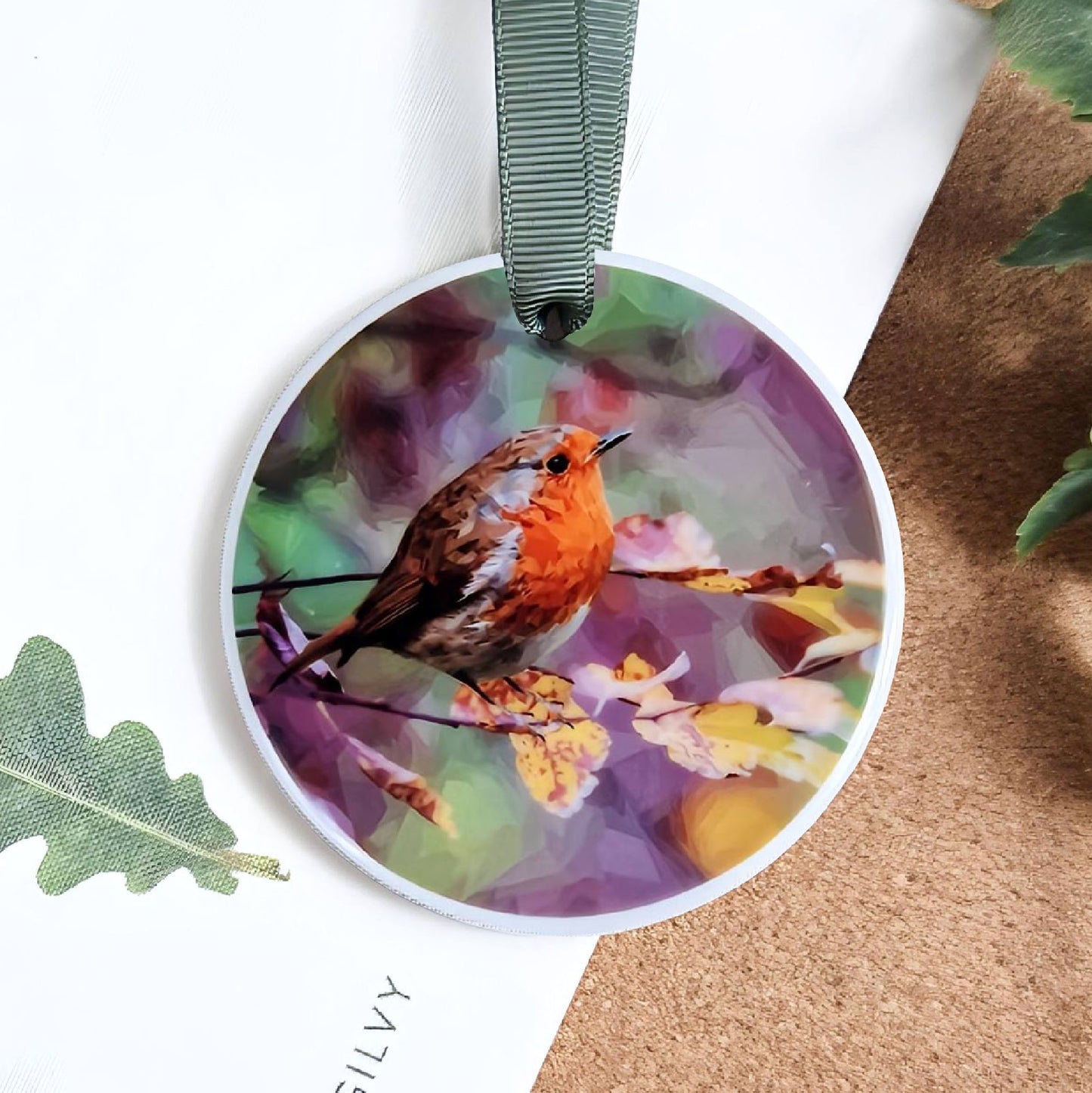 Robin redbreast bird illustration | Hanging ceramic decoration | Garden birds