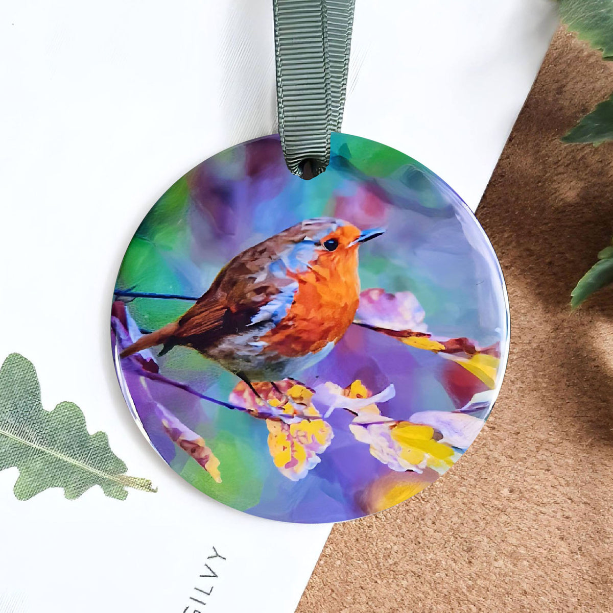Robin redbreast bird illustration | Hanging ceramic decoration | Garden birds