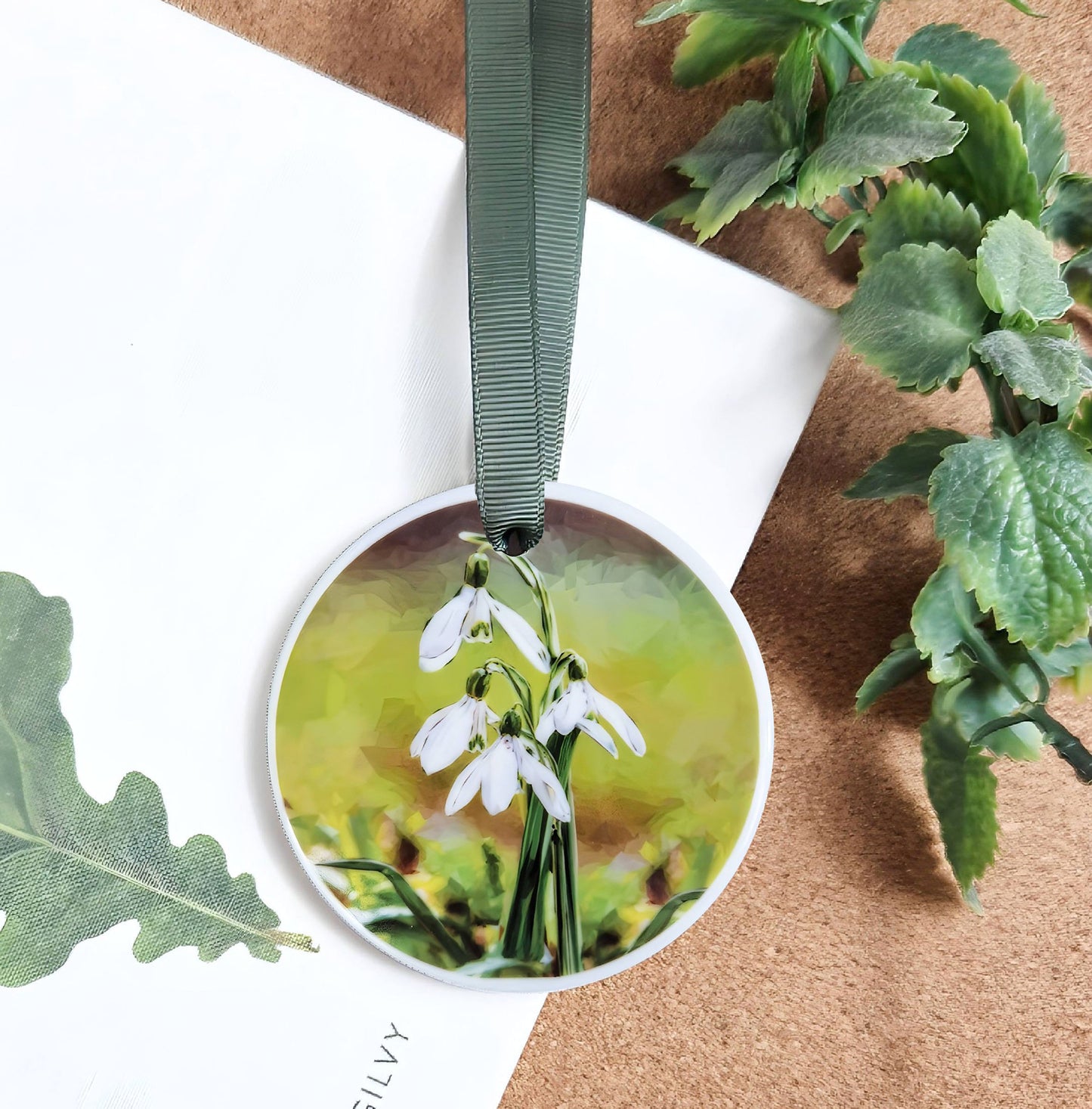 Snowdrop flower illustration | Hanging ceramic decoration | Wildflowers
