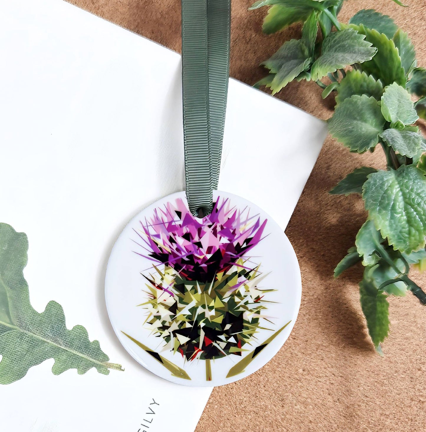 Spear thistle illustration | Hanging ceramic decoration | Scottish keepsake
